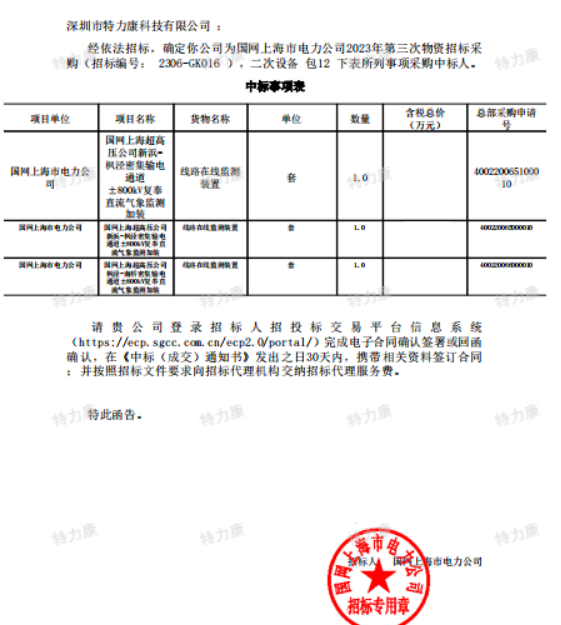 特力康中標(biāo)國網(wǎng)上海電力公司2023年第三次物資招標(biāo).png
