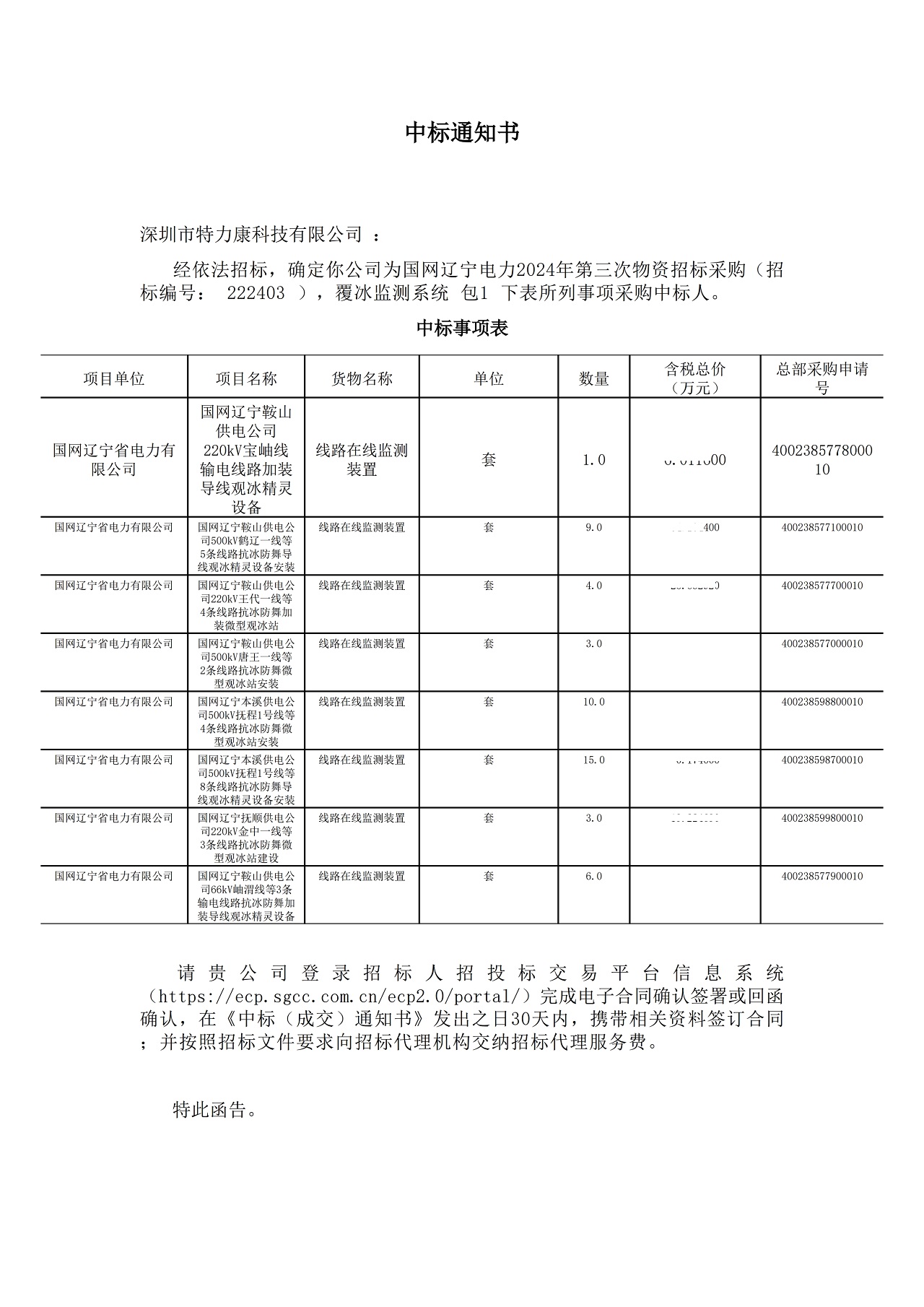 深圳市特力康科技有限公司中標國網遼寧電力 2024 年覆冰監測系統采購項目