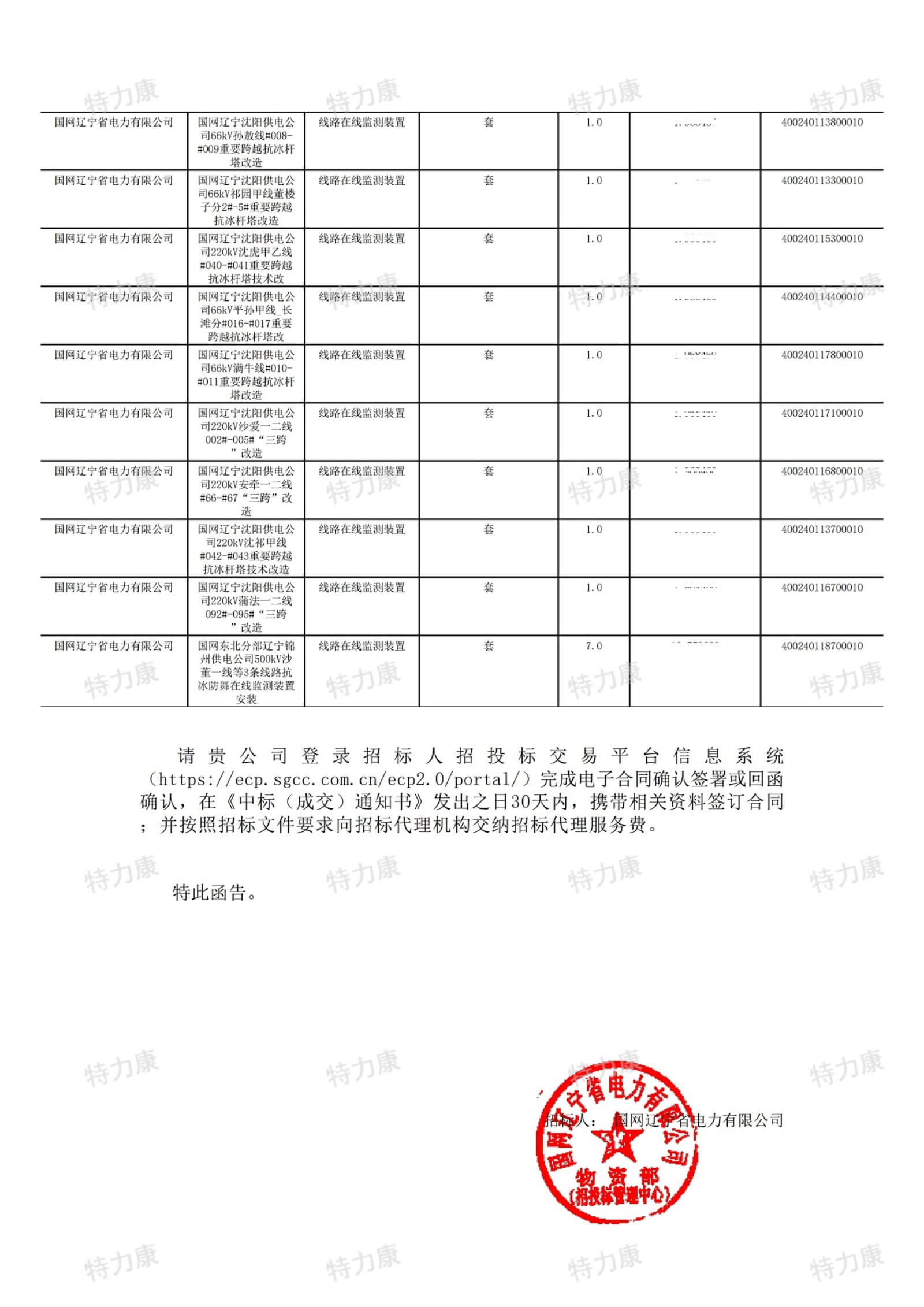深圳市特力康科技有限公司中標國網遼寧電力線路在線監測裝置采購項目